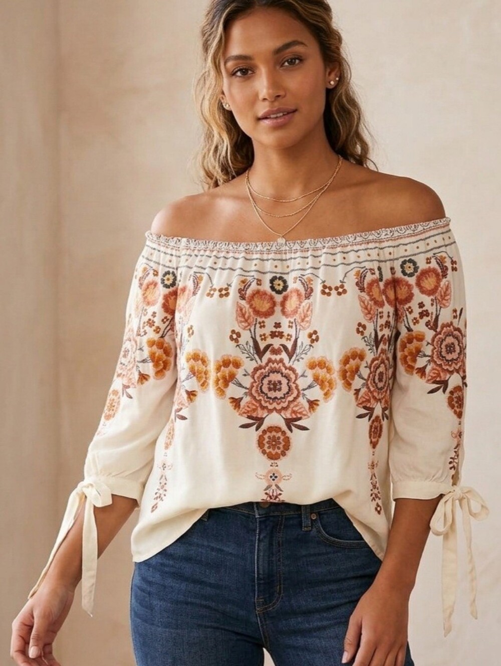 Love Tree Boho Floral Off-The-Shoulder Peasant Blouse – Size M